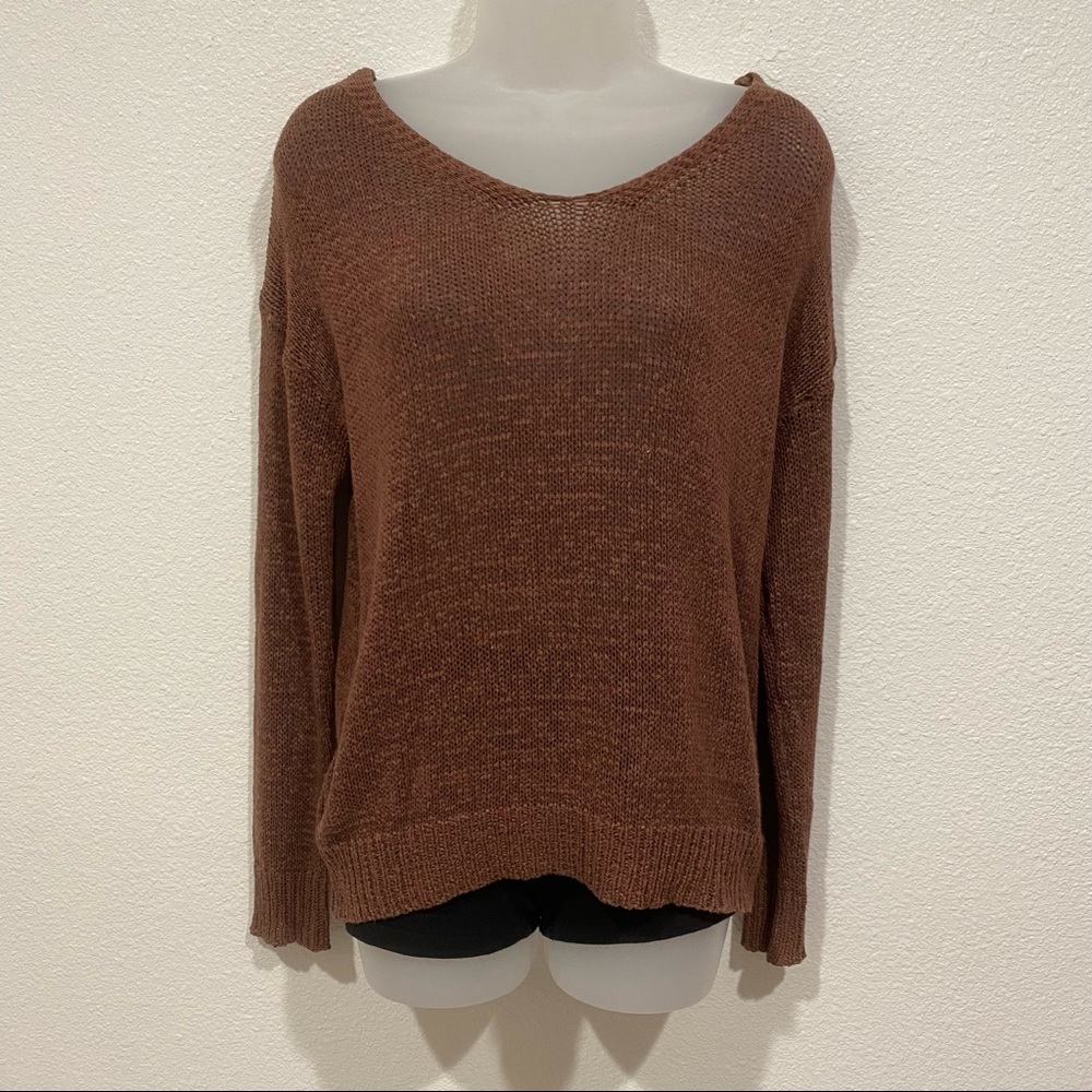brown beige lace up knit scoop neck sweater lace up back long sleeve top